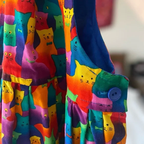 Vintage 90s handmade 100% cotton colorful rainbow cat print girl’s dress jumper - Picture 7 of 15